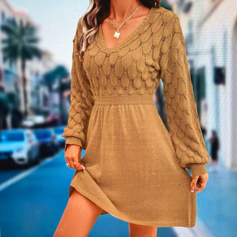 Elegant Knit V-Neck Dress in Tan